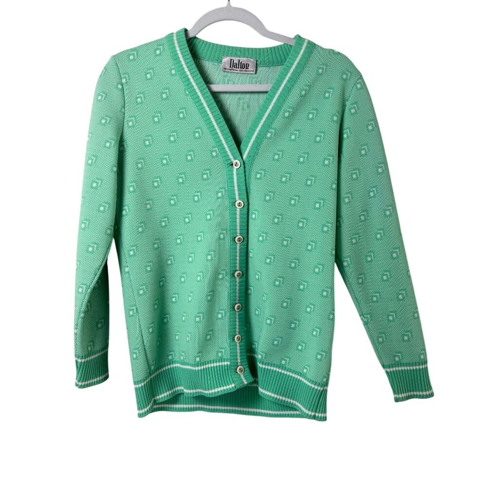 Vintage Dalton Cardigan Sweater Size‎ 12 Green White Squares V Neck Academia